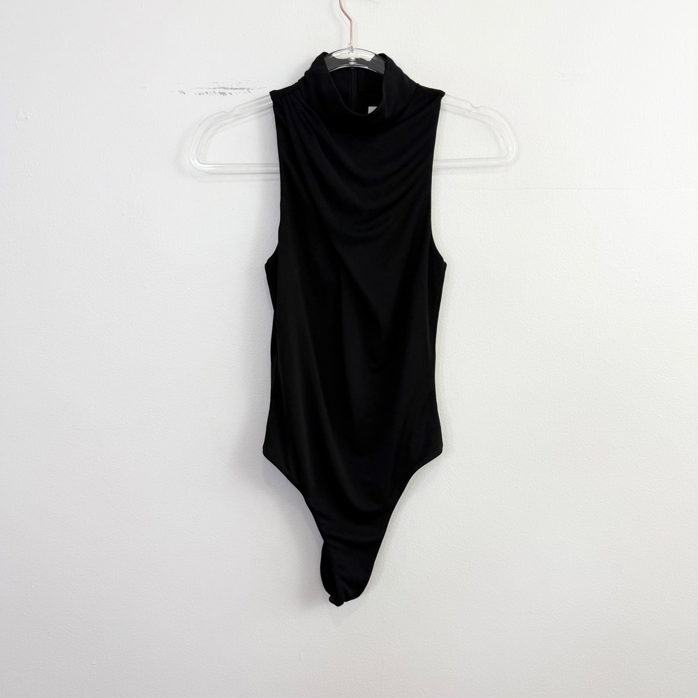 Cinq à Sept Black Mock Neck Sleeveless Bodysuit Draped Stretch Top Small